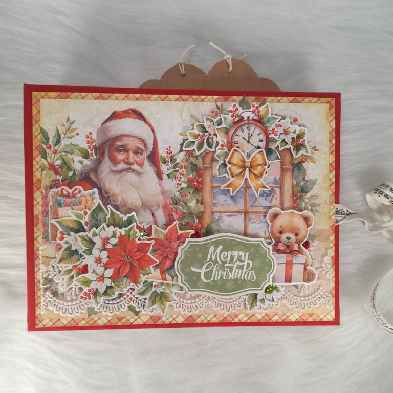 Handmade Christmas Photo Album. Traditional Santa Scrapbook. Family Memory Album