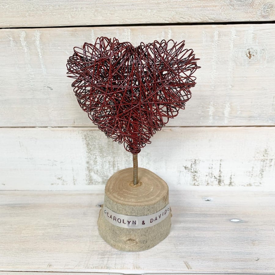 Handmade  Red Wire Heart on Wood Slice Personalised