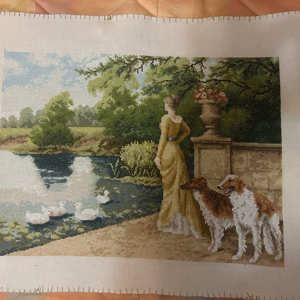 Hand Embroidered Tapestry – Country Estate, Lady & Dogs