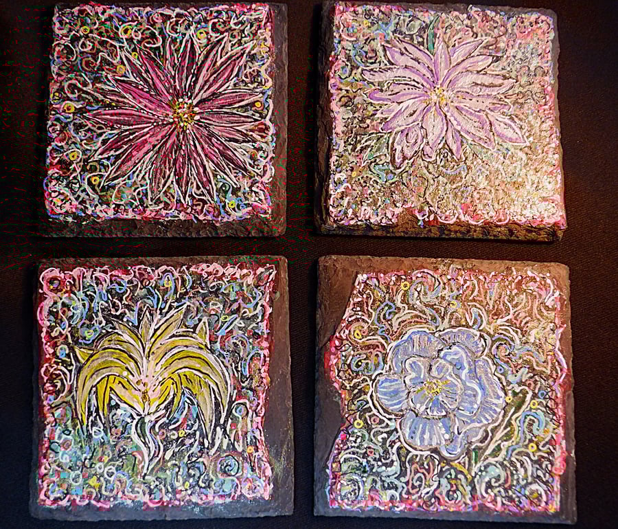 Hand Painted Floral Abstract Slate Coasters