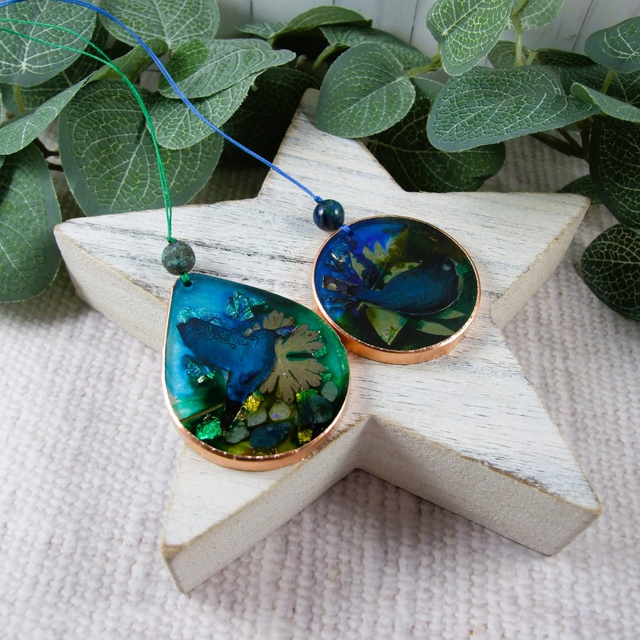 Hanging Bird Decorations, Resin with Inks and Metal Leaf 
