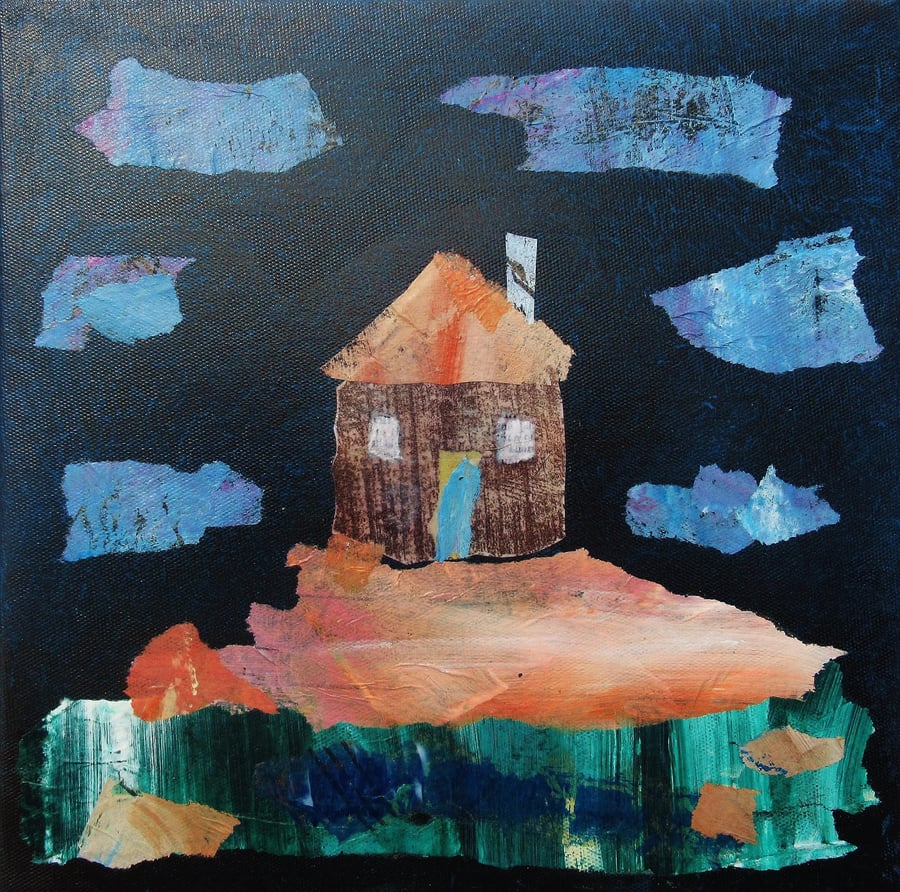Abstract Cottage Painting Mixed Media Dwelling Naive Primitive House Building