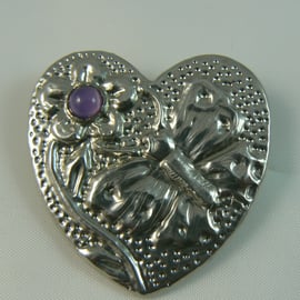 Pewter heart brooch (with butterfly and flower)