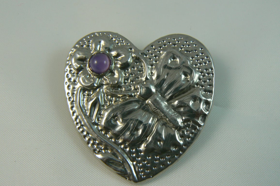 Pewter heart brooch (with butterfly and flower)