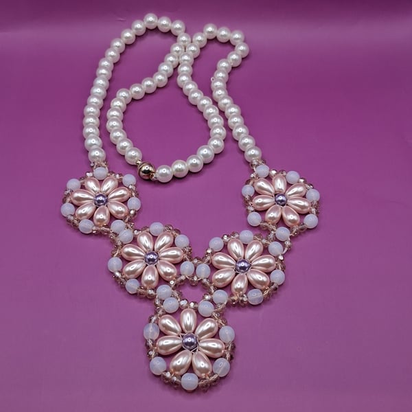 Chunky, handmade, beaded, Pink and White Drop Necklace