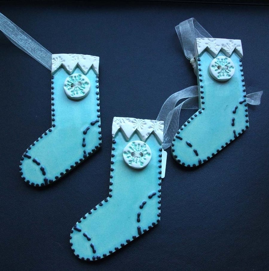 Blue ceramic Christmas stocking decoration