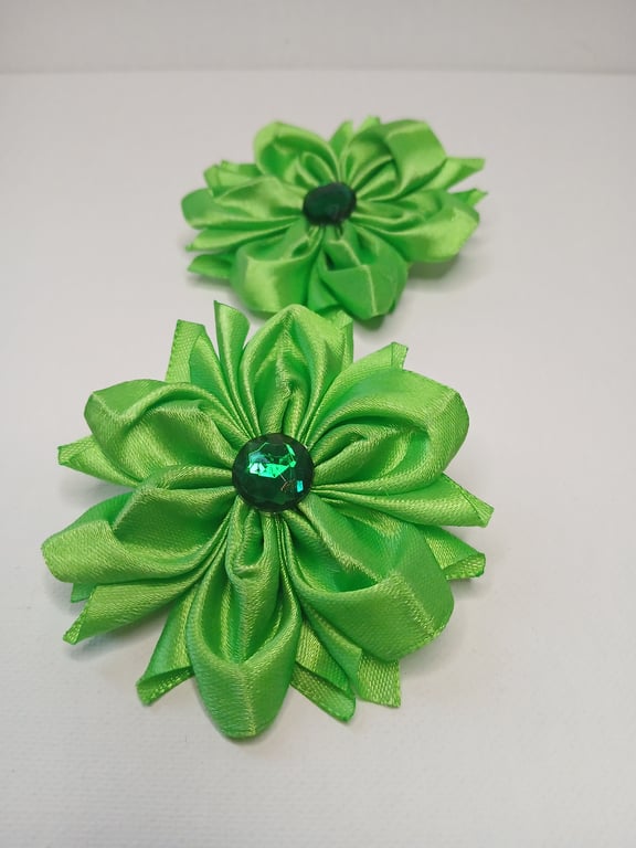 Lime Green Satin Ribbon Flower Hair Ties - Handmade Kanzashi Bobbles Pair