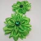 Lime Green Satin Ribbon Flower Hair Ties - Handmade Kanzashi Bobbles Pair