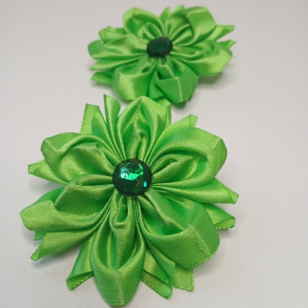 Lime Green Satin Ribbon Flower Hair Ties - Handmade Kanzashi Bobbles Pair