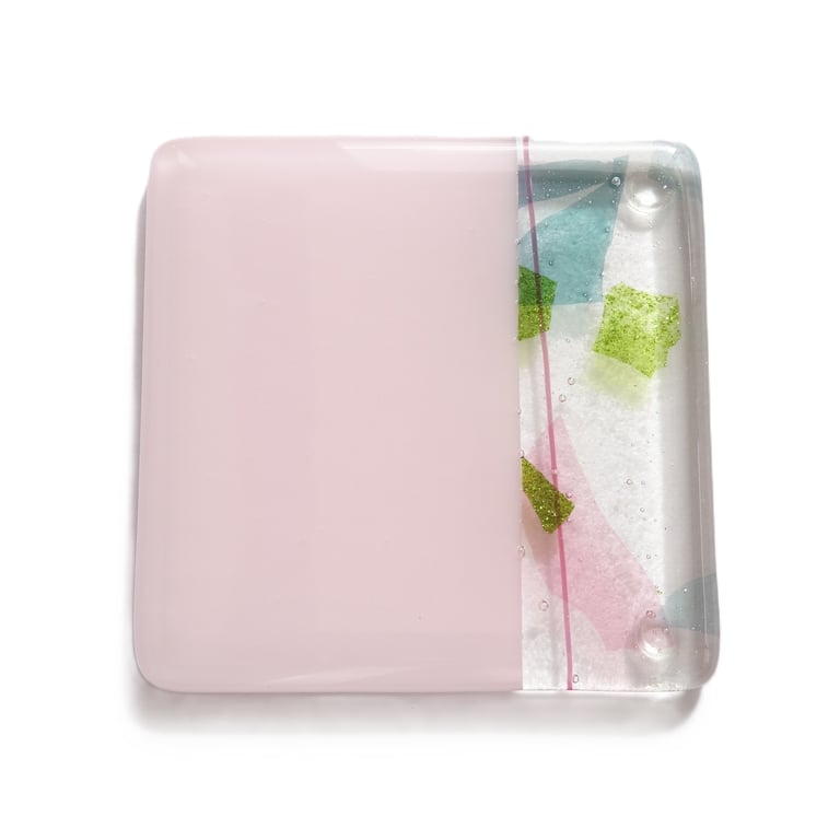 Pink blue green fused glass coaster, 9cm, handcrafted, 6mm thick (0178)