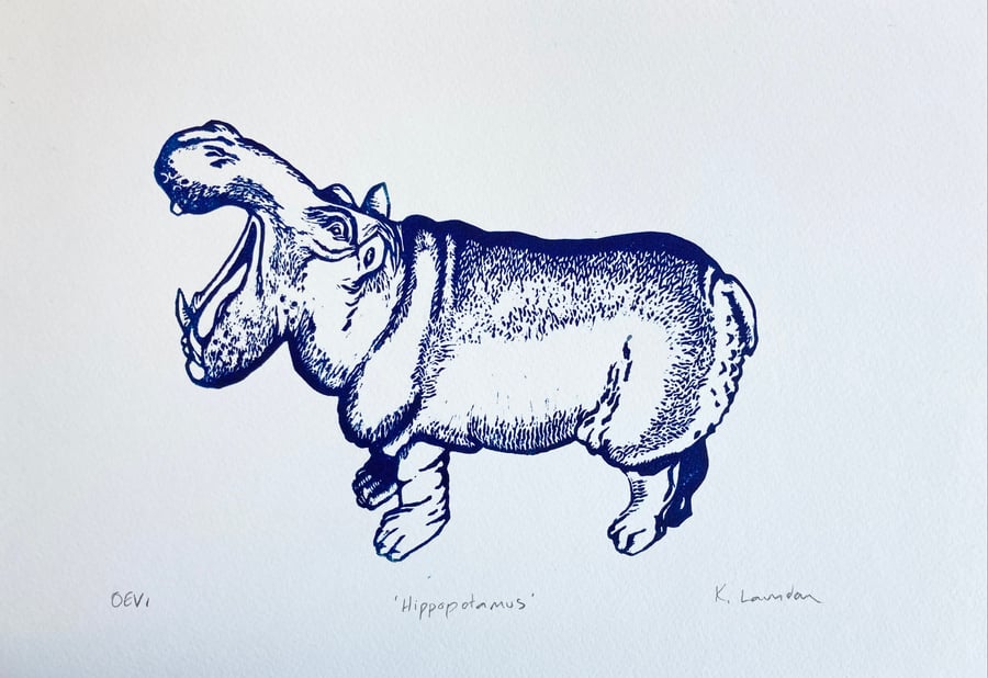 Hippopotamus: Lino print FREE UK SHIPPING