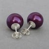 Large 12mm Plum Glass Pearl Stud Earrings - Chunky Round Aubergine Studs - Gifts