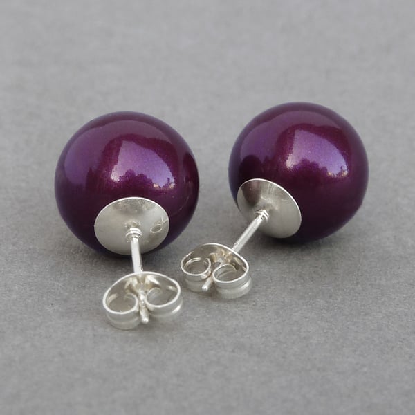 Large 12mm Plum Glass Pearl Stud Earrings - Chunky Round Aubergine Studs - Gifts
