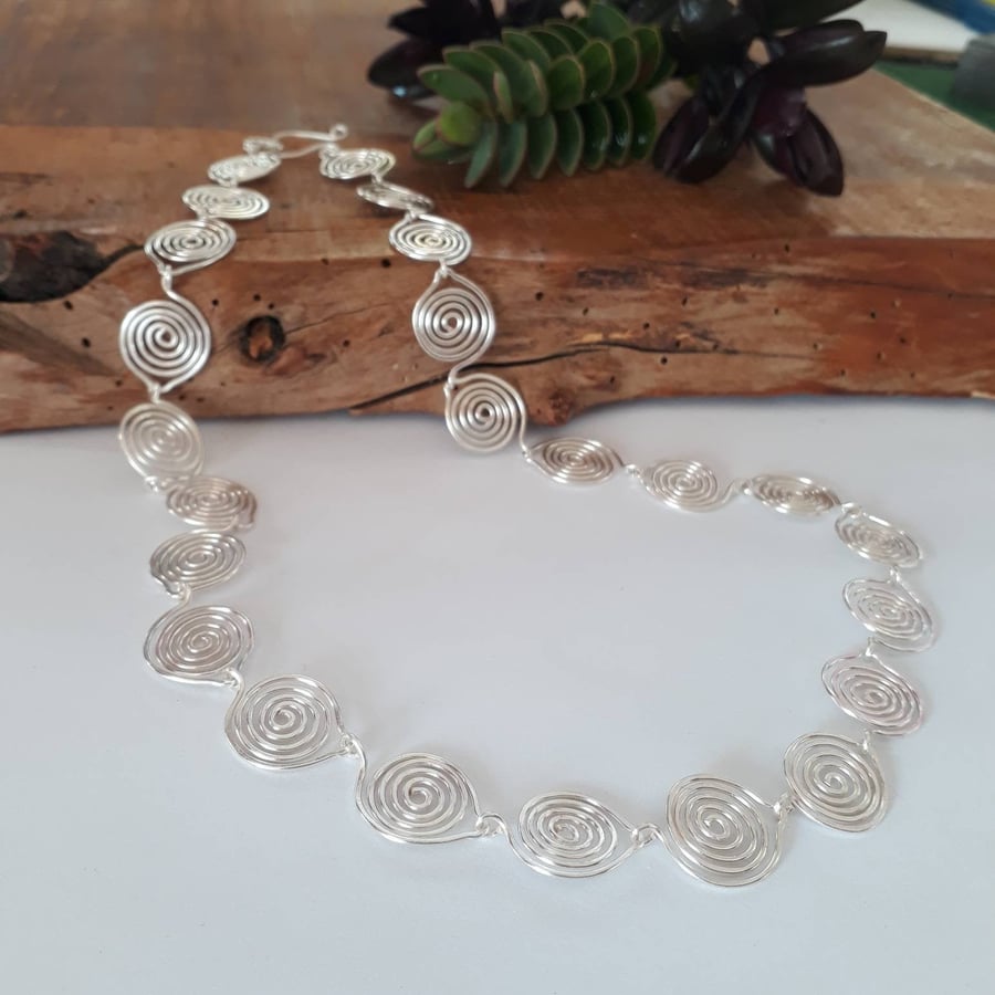 Silver spiral leaf necklace, statement jewellery