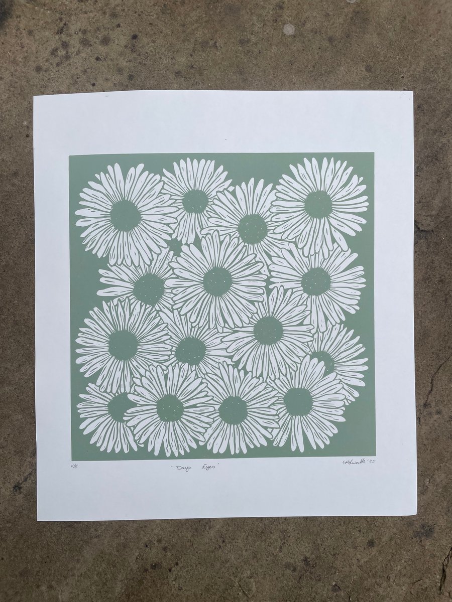 Days Eyes - Original Lino Print sage green