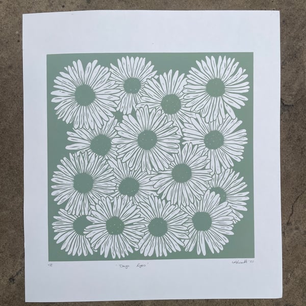 Days Eyes - Original Lino Print sage green