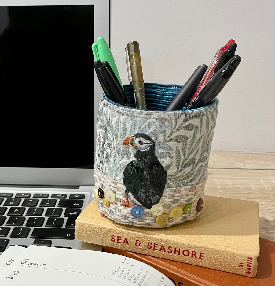 Textile storage pot with hand embroidered puffin