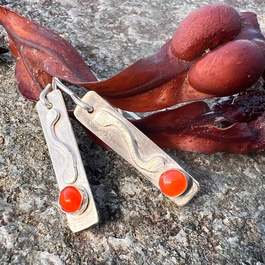 Sterling Silver Seaweed Earrings with Carnelian Gemstones