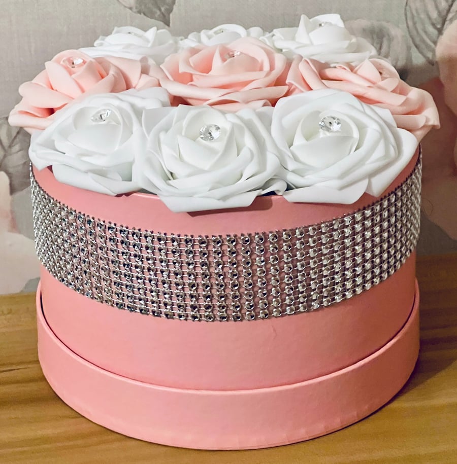 Hatbox with artificial foam roses