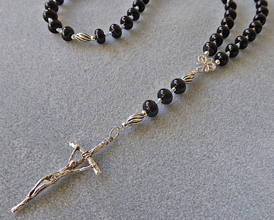 Catholic Five Decade Rosary with Black Onyx, Blue Agate and Sterling Silver