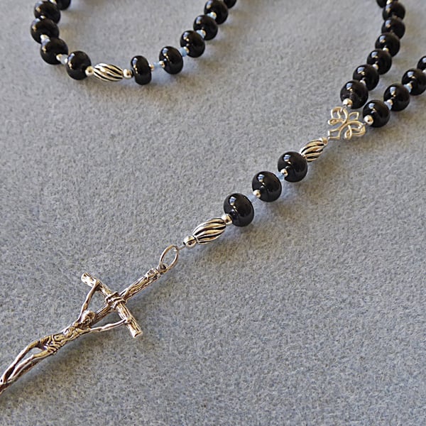 Catholic Five Decade Rosary with Black Onyx, Blue Agate and Sterling Silver