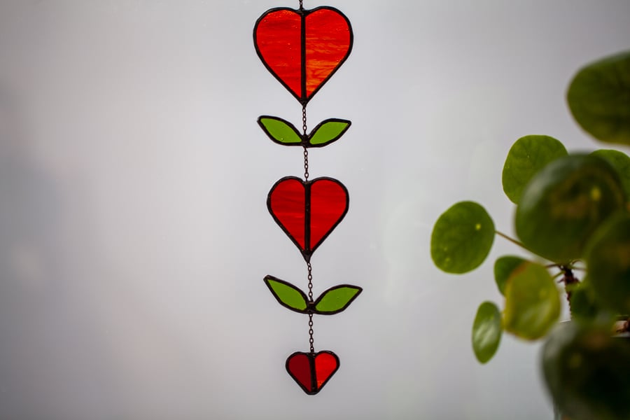 Red Heart and Leaf Stained Glass Mobile Sun catcher