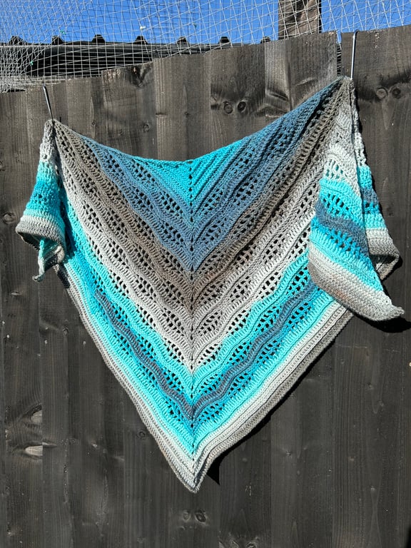 Blue Aquarius soft wool Triangle Lace and Texture Shawl Wrap