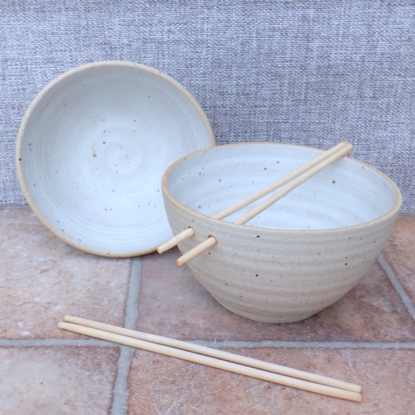Pair of  noodle or rice serving bowl hand thrown stoneware ceramic pottery 