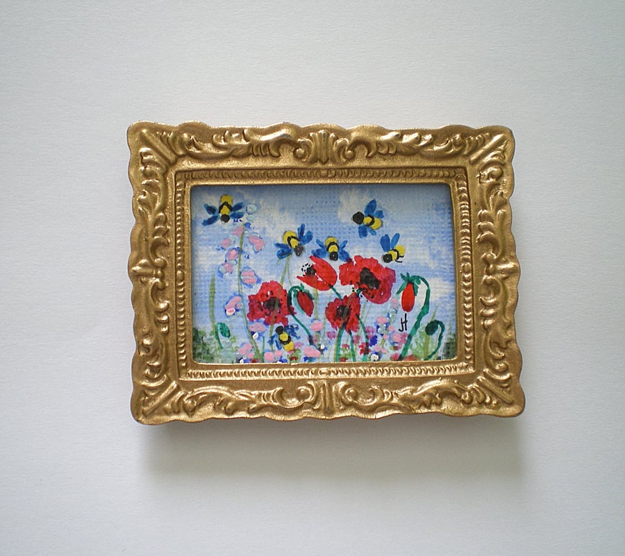 Miniature Watercolour Framed, Poppies n Bees,Dolls House,2.5 x 2.00 inches