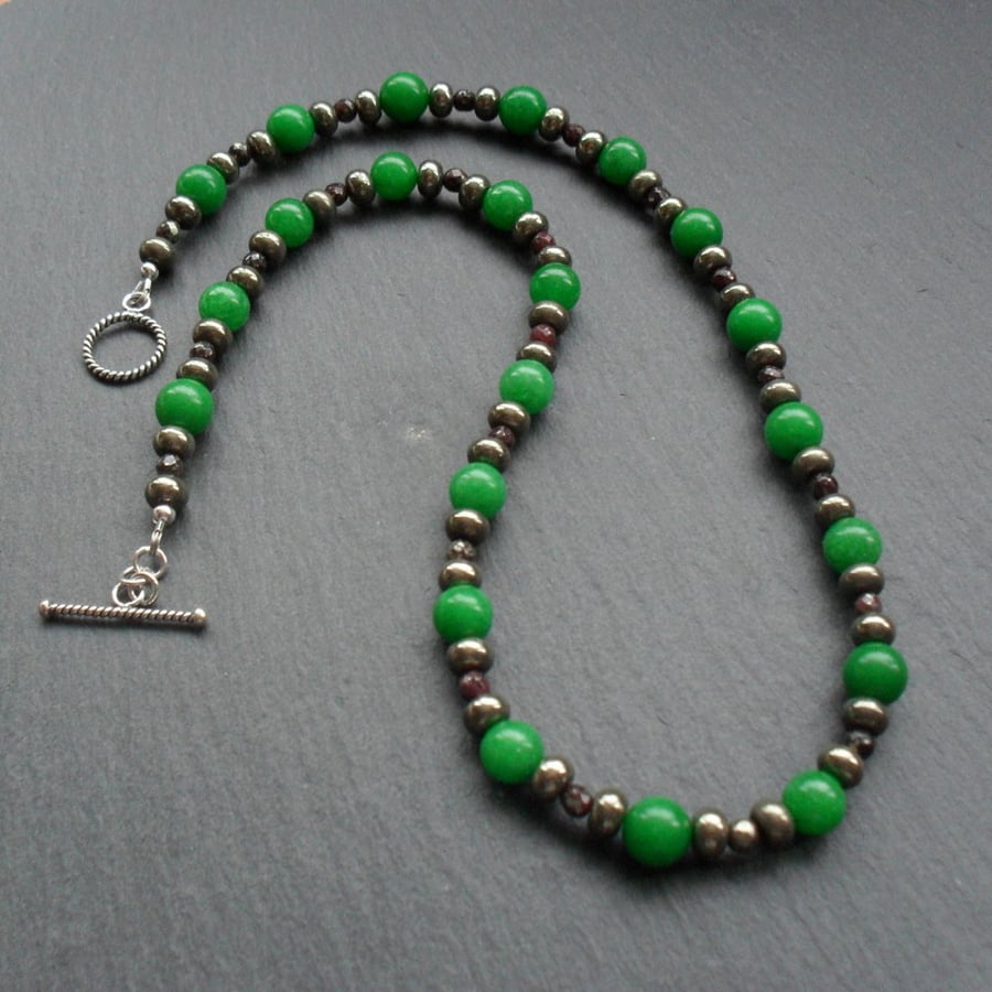 Vintage Style Emerald Green Quartzite Marcasite and Pyrite Necklace