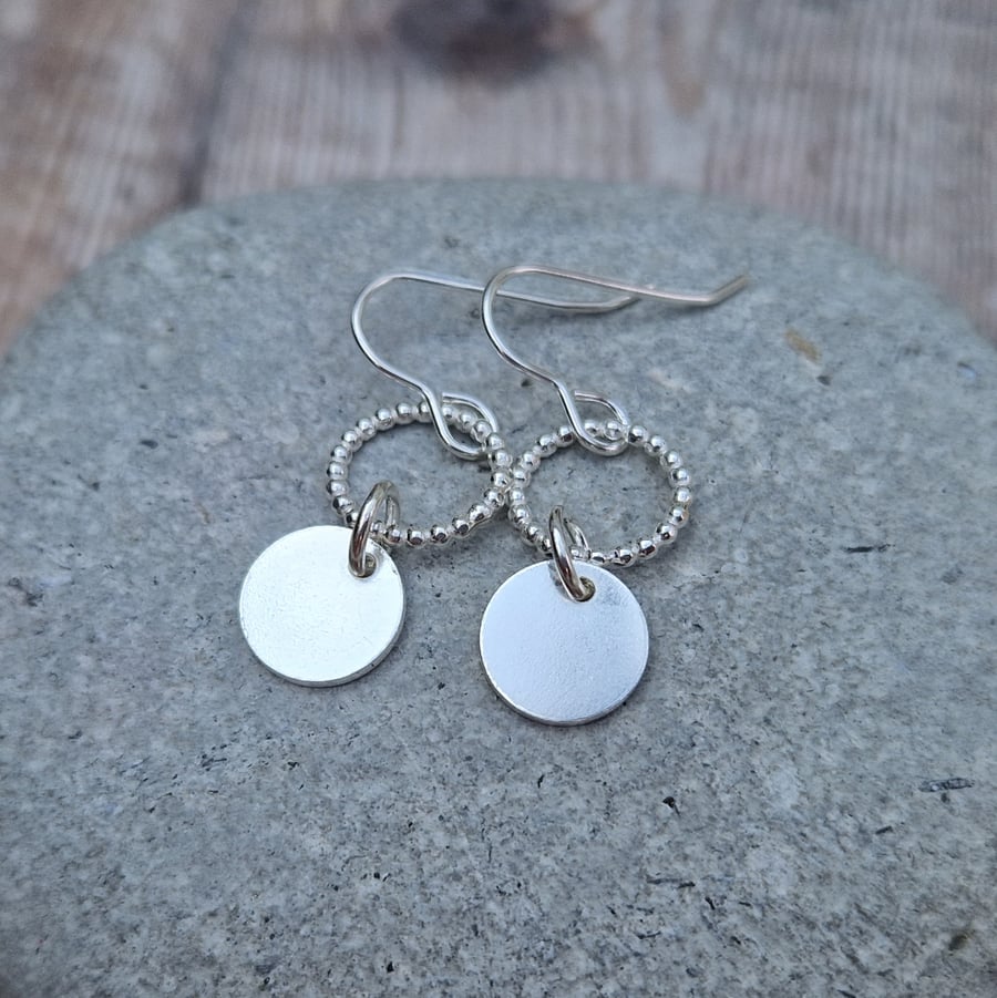Sterling Silver Beaded Circle and Smooth Disc Drop Dangle Earrings