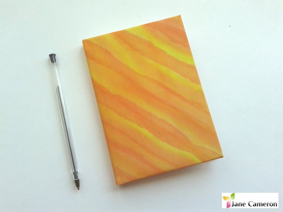 A6 hardback notebook journal lined - hand painted silk - flame orange yellow 402