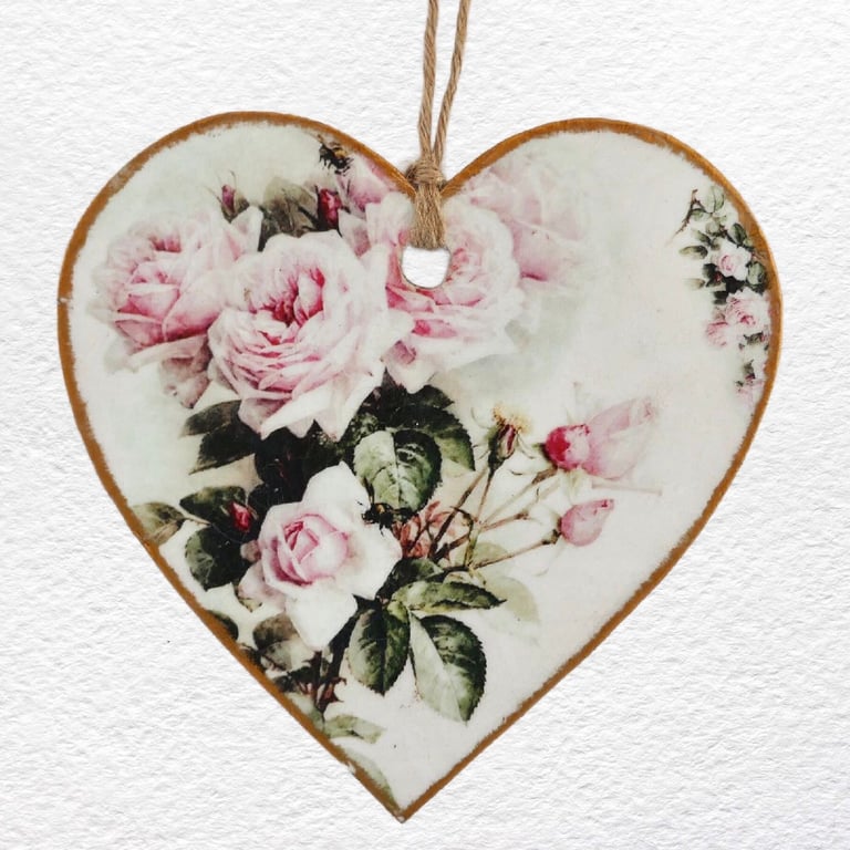 Pink Roses: Decoupaged Wooden Hanging Heart 15cm (6")