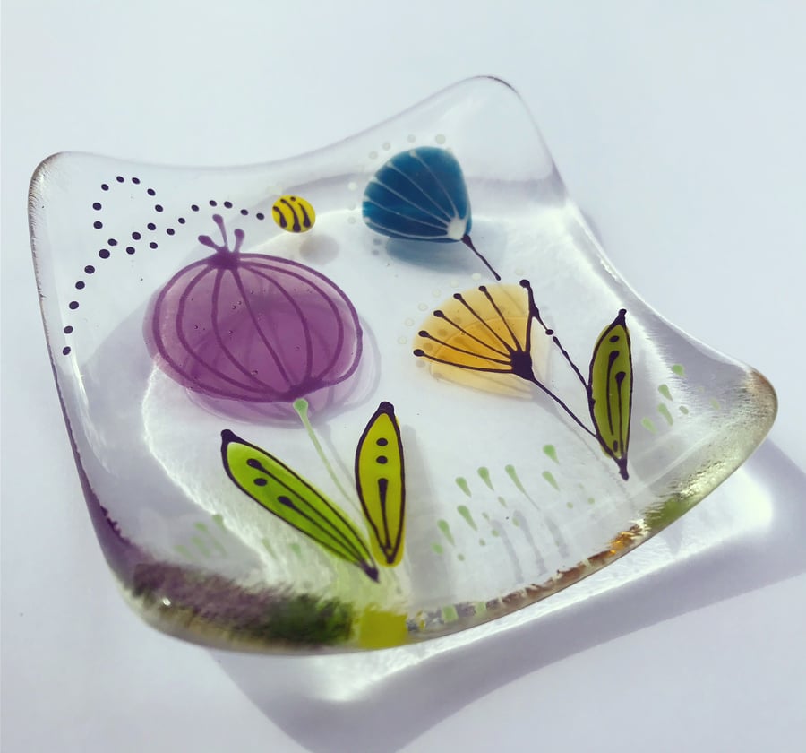 Square floral trinket dish - Poppy head and flowers