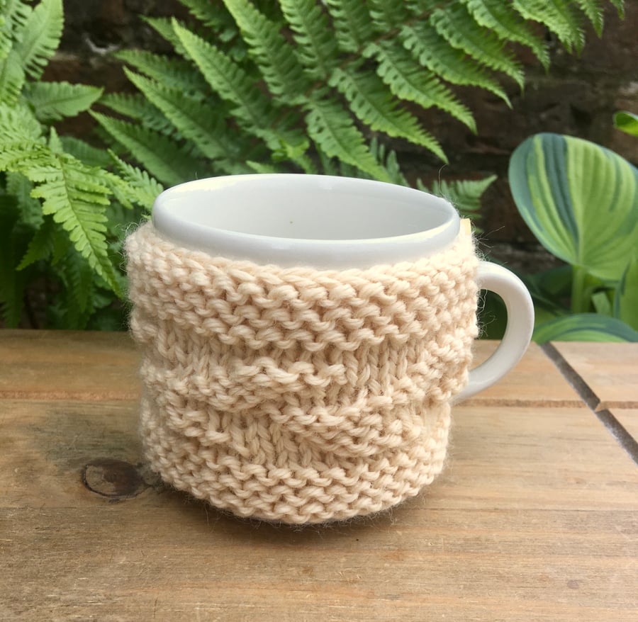Cream Aran Mug Cosy, Knitted Leaf Design Mug Cosie