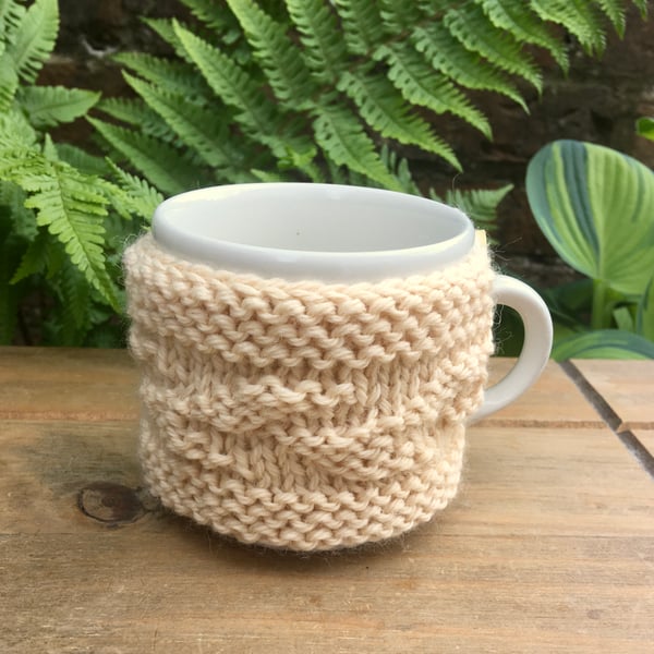 Cream Aran Mug Cosy, Knitted Leaf Design Mug Cosie