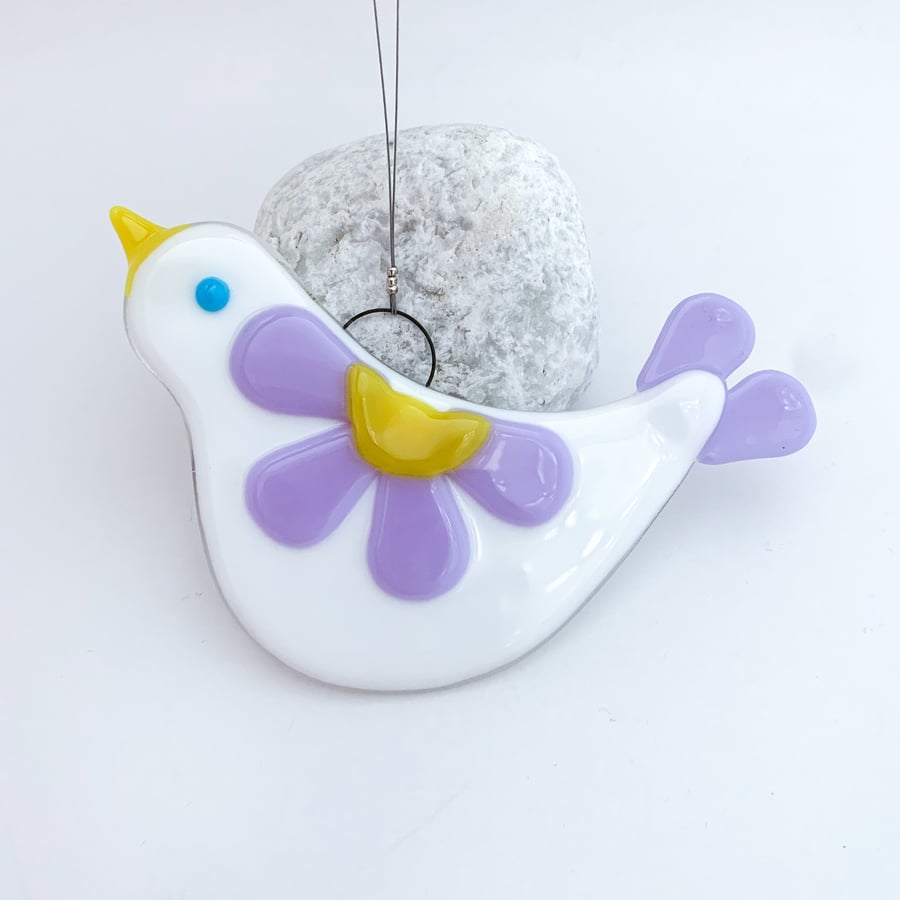 Fused Glass Lilac Bird Hanging  - Handmade Glass Decoration