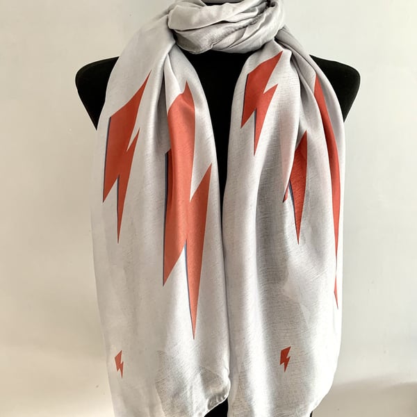 Ziggy Stardust Scarf David Bowie Inspired Thunder Bolts Print. Grey. Lightweight