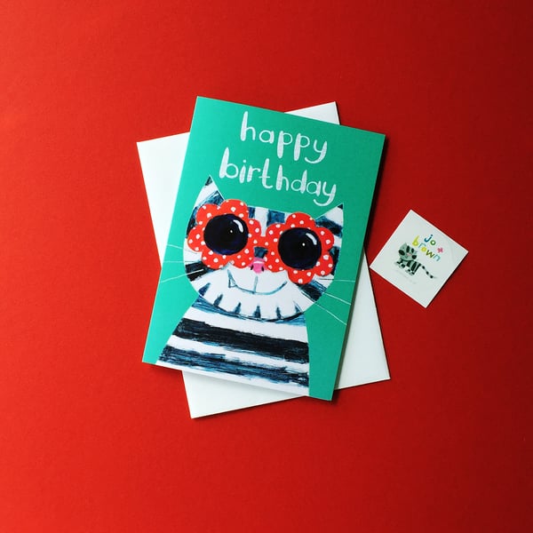 Happy Birthday Sunglasses Cat Card-Turquoise- by Jo Brown