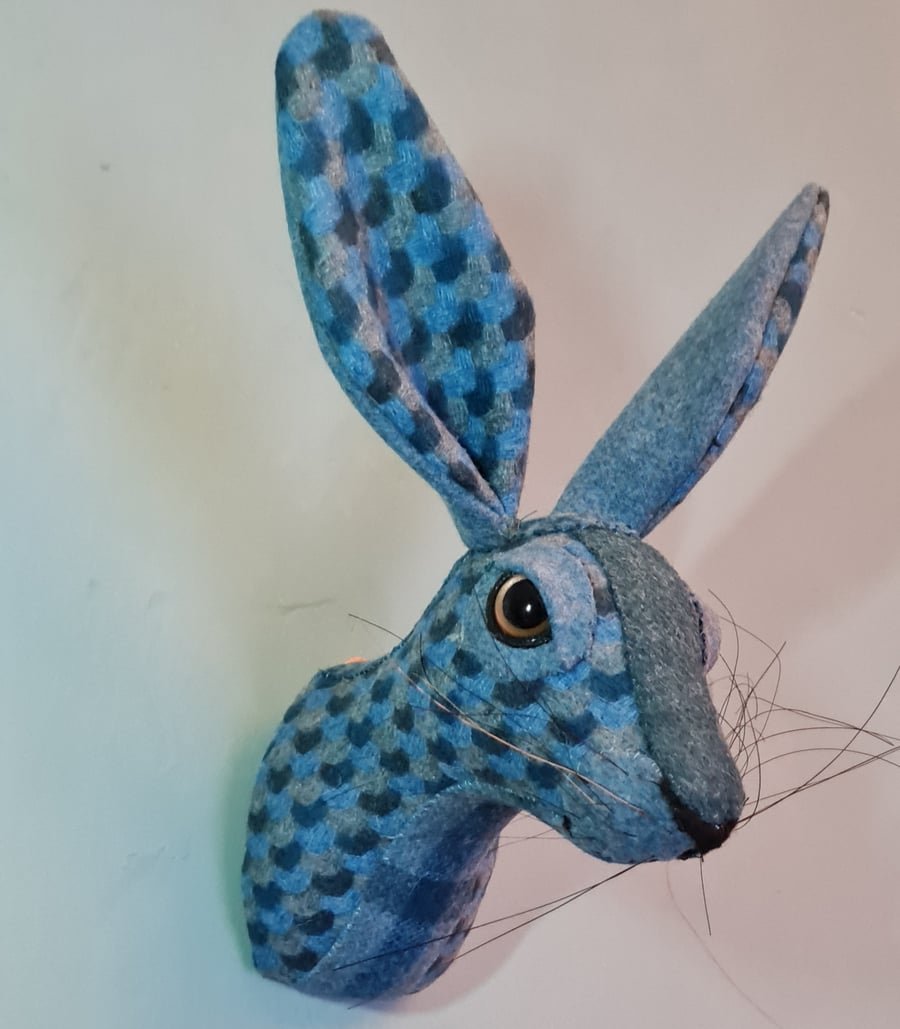 Faux hare head wall mount in teal & grey Abraham Moon fabric- Mr Moon