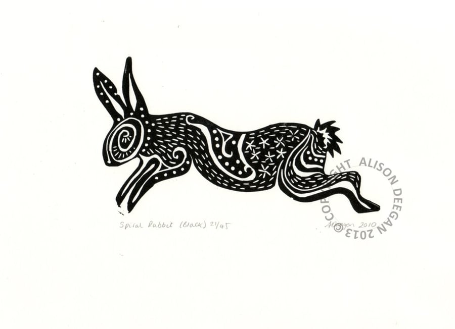 ORIGINAL lino cut print "Spiral Rabbit in Black"