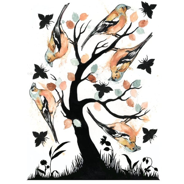 Bird art print - The Chaffinch Club A3 Print (11.69 by 16.54 in)