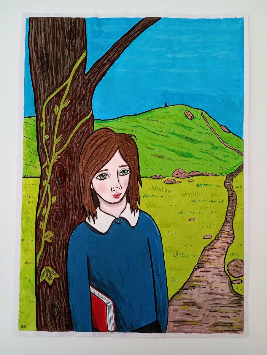 Walking with a Book - Original Acrylic Painting on Paper