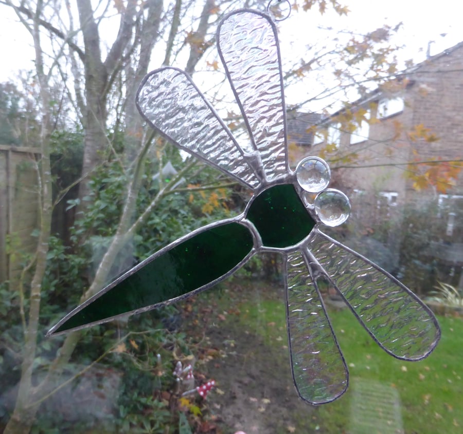 Large Stained Glass Dragonfly Suncatcher - Green
