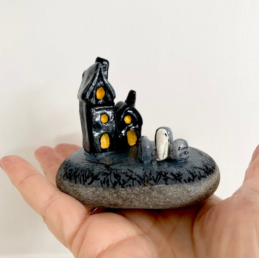 Haunted House On A Hill & Graveyard Spooky Rock Art Halloween Gift Decor