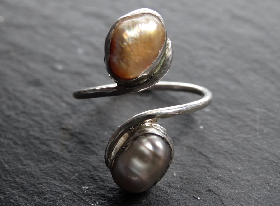 Tristan ring. Pearl.Gold,Silver. Resizable, adjustable. Sterling silver