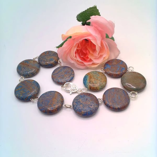 Large Green Blue Jasper Coin Bead Rosary Style Necklace, Gift for Her, Necklace