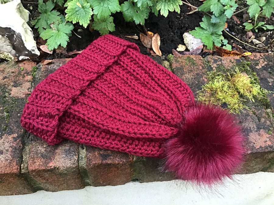 Chunky hat in acrylic and Merino wool colour Wine Red with Red faux fur Pom Pom 