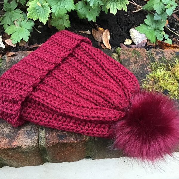 Chunky hat in acrylic and Merino wool colour Wine Red with Red faux fur Pom Pom 