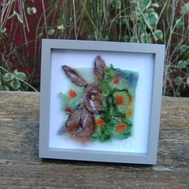 Hare textile art wool picture - framed